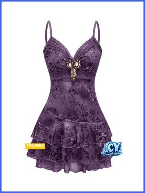 Gothic Boho Beaded Ruffle Lace Paisley Print Tiered Mini Summer Dress